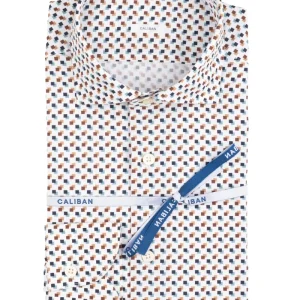 Camicia con collo francese in puro cotone con esclusiva fantasia geometrica sui toni del blu e del beige